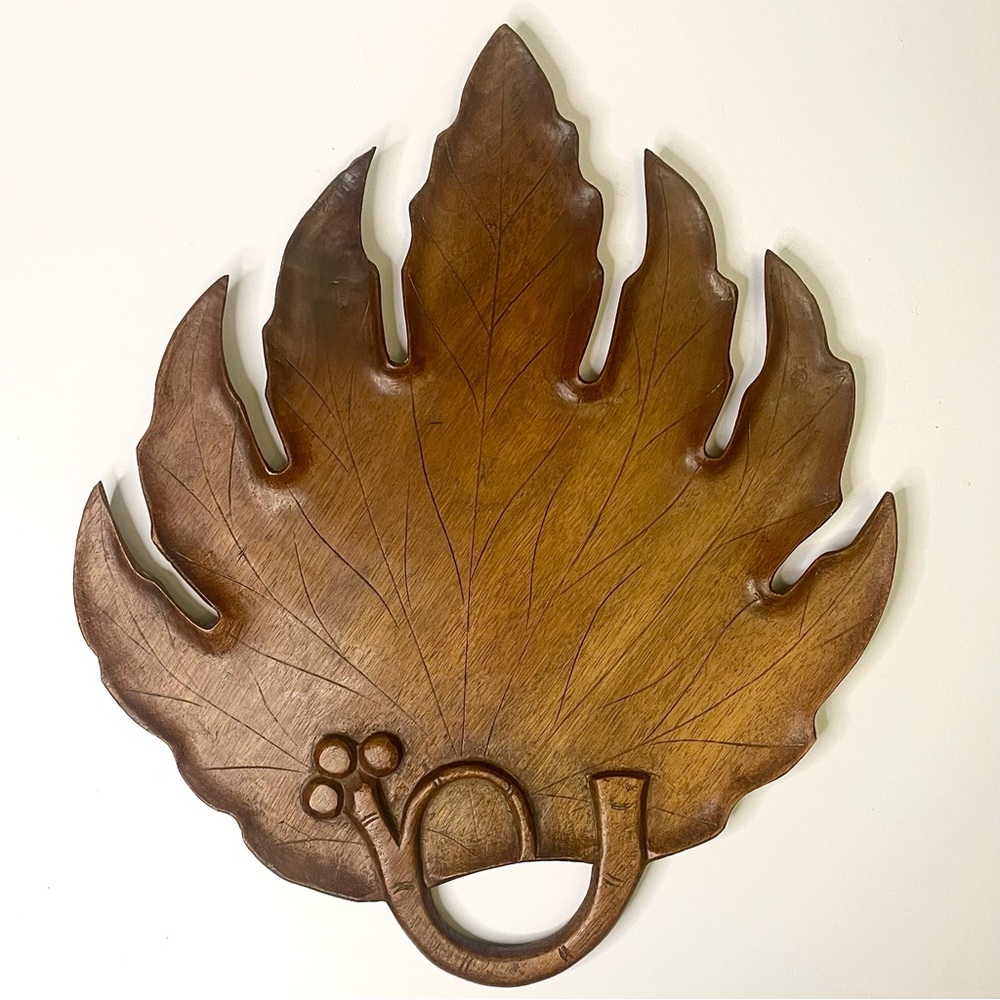 Vintage Grape Leaf Carved Wood Tray